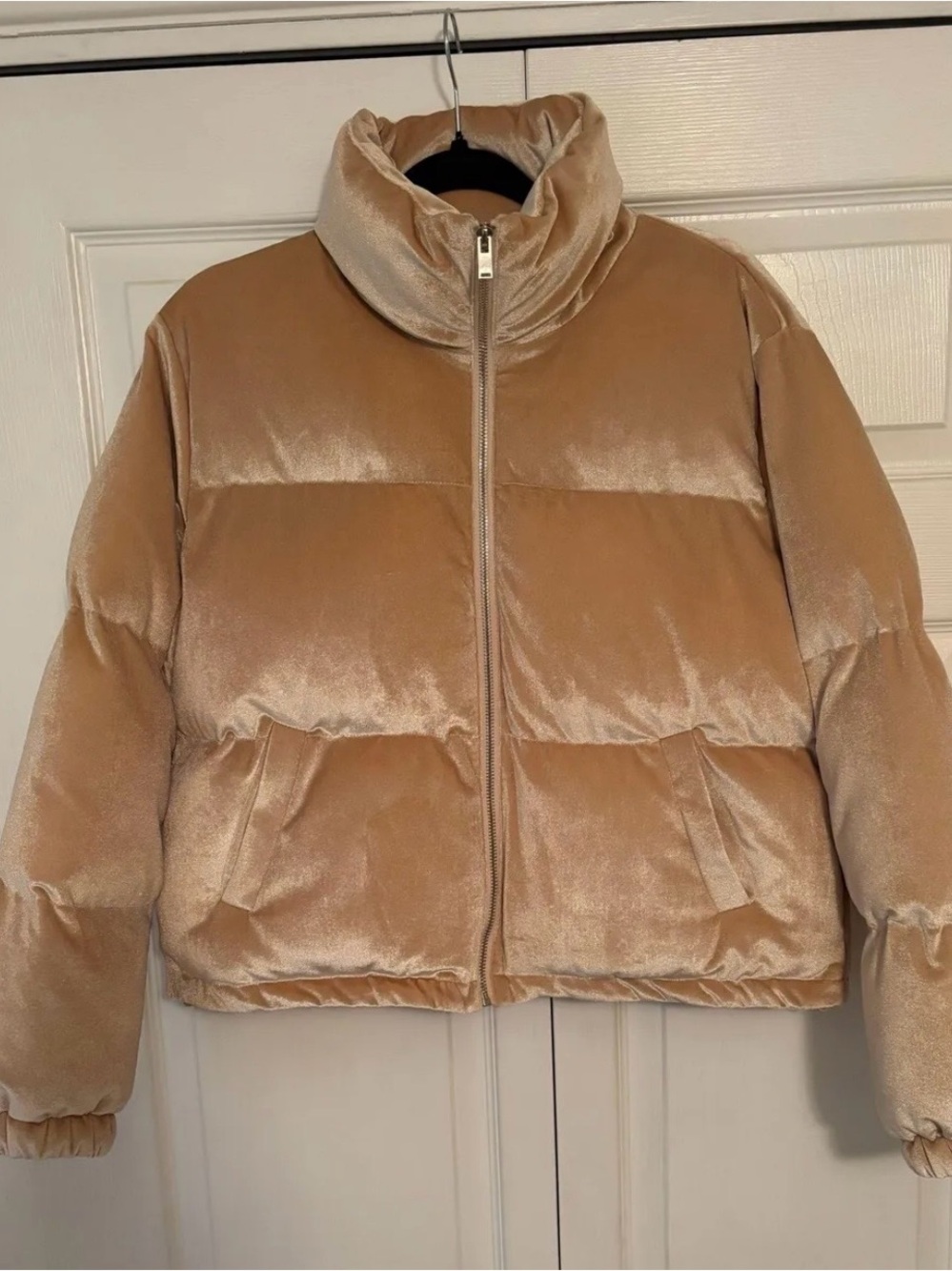 Velvet Cropped Puffer Jacket in Light Tan